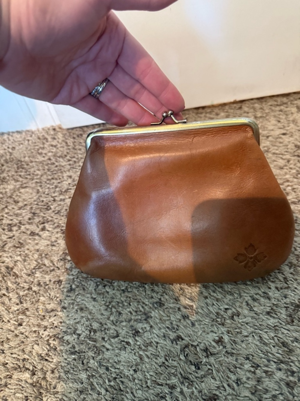 Patricia Nash Caramel Brown Leather Kiss-Lock Wristlet Clutch